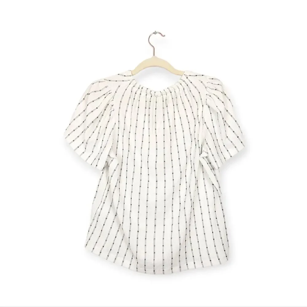 Madewell Bright Ivory Dotted Stripe Tie Neck Lightweight Tunic Top